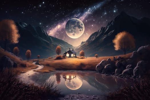 Fantasy night landscape with hut and full moon. Generative AI drawing