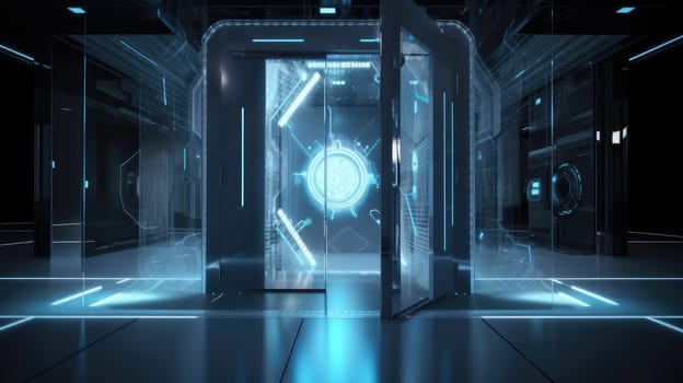 Futuristic interior of the science center. Generative AI design