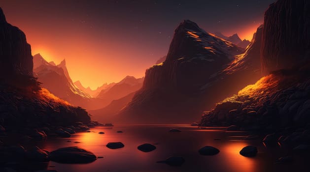 Orange glowing river landscape. Generative AI design