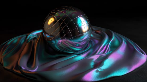 Holographic metallic liquid silk waves and sphere abstract background. Generative AI design