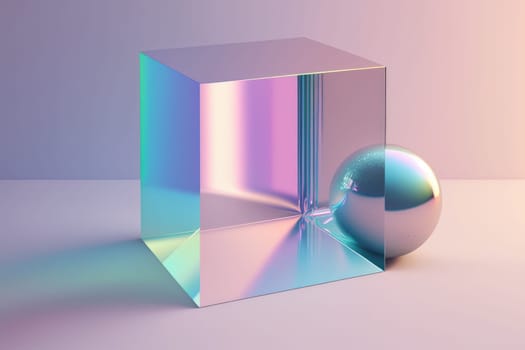 Holographic glass cube and sphere abstract background. Generative AI design