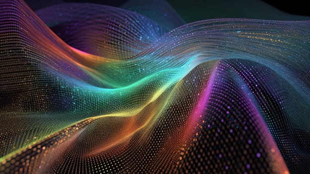 Holographic glowing dotted waves abstract background. Generative AI design