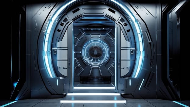Futuristic interior with hallway and door. Generative AI design