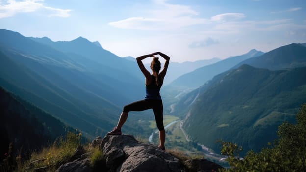 A girl silhouette doing yoga on mountain landscape. Generative AI design