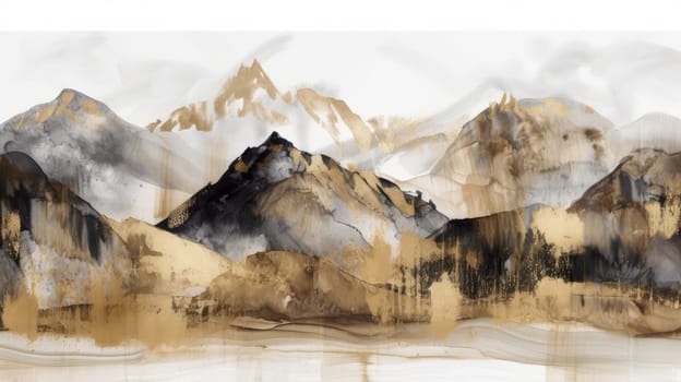 Grunge grey golden watercolor mountains landscape. Generative AI technology