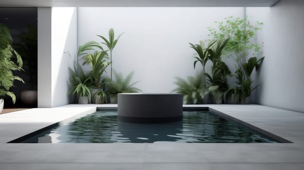 Minimalistic interior with swimming pool. Generative AI design