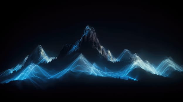 Blue glowing linear soundwaves with mountains landscape. Generative AI design