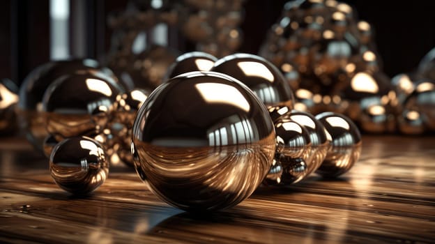 Glossy metallic spheres on wooden background. Generative AI design