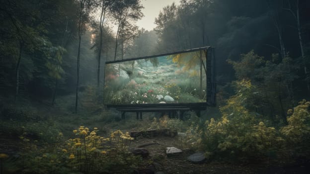 Old billboard in the summer forest. Generative AI design