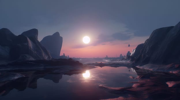 Fantasy night landscape with full moon. Generative AI drawing