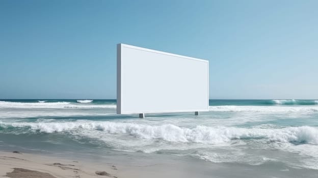 White empty billboard on the beach. Generative AI design