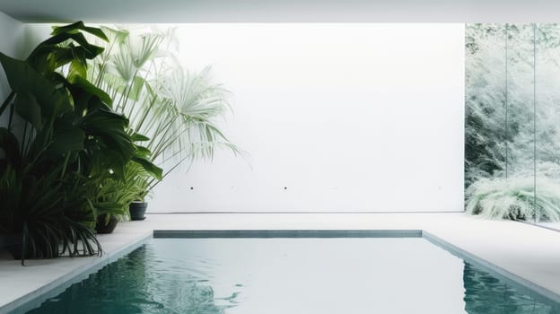 Minimalistic interior with swimming pool. Generative AI design