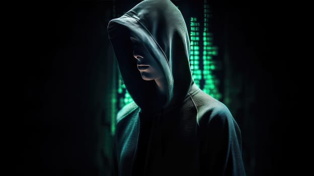 Hacker in the hood with tech glow background. Generative AI design