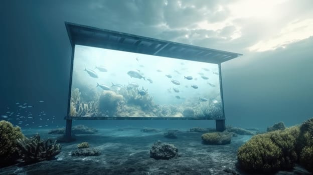 Old billboard under the sea. Generative AI design