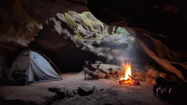 Tent camp in cave with campfire. Generative AI design