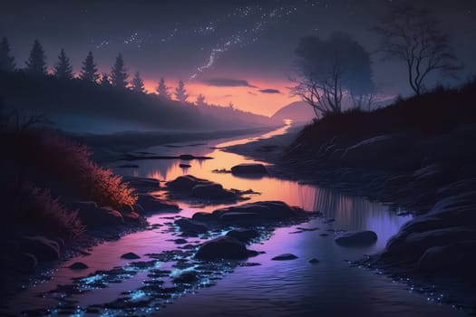 Sunset landscape with glowing river. Generative AI design