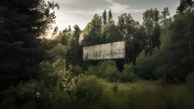 Abandoned billboard in the summer forest. Generative AI design