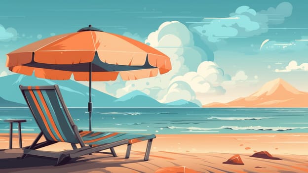 Chaise longue and beach umbrella on the seashore. Generative AI drawing