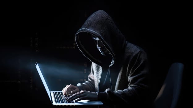 Hacker in the hood with laptop. Generative AI design
