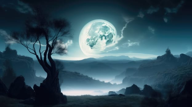 Fantasy night landscape with full moon. Generative AI drawing