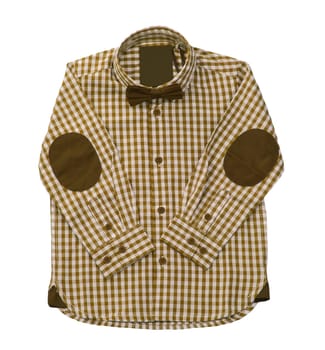 Children clothes. Fashionable brown white checkered kids long-sleeved shirt with a brown bow tie and Sleeve protector isolated on a white background. Kids fashion.