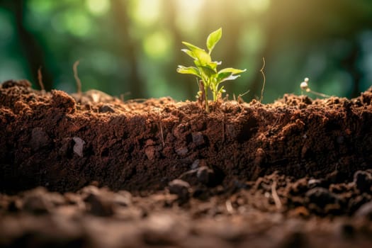 Close up of soil with green plants on the top layer. Part of exposed soil under bed of garden. Details of earth or ground. AI generated