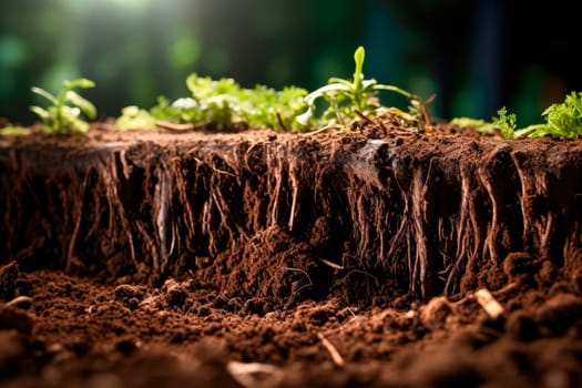 Close up of soil with green plants on the top layer. Part of exposed soil under bed of garden. Details of earth or ground. AI generated