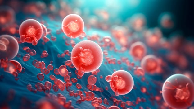 Blood cells, leucocytes and macrophages are combating viruses and bacteria, immune cell. AI generated