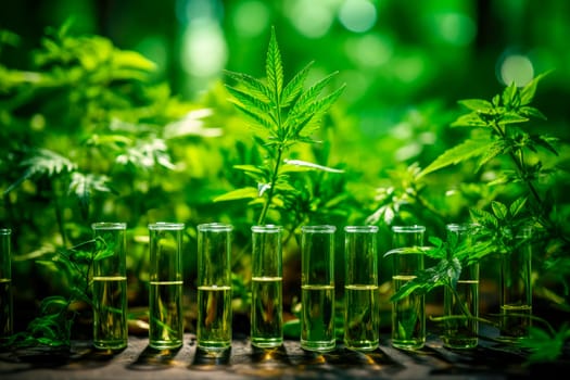 Laboratory test tubes with canabis extraction oil.Medical marijuana oil. AI generated