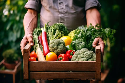 Senior man farmer holding wooden box full of fresh ripe vegetables. Harvest concept. AI generated
