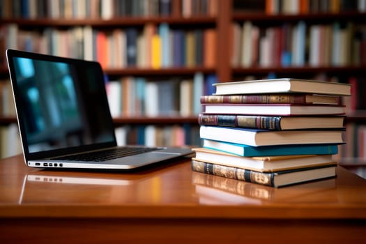 Stack of books with laptop on a wooden table in library room. AI generated