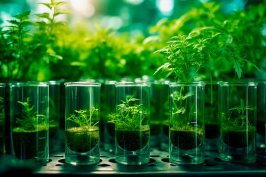 Genetically modified plants. Plant seedlings growing inside of test tubes at lab. AI generated