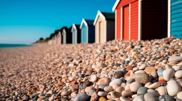 White and gray stones softly rounded and washed from sea water on a beach with a huts lined up on the background. AI generated
