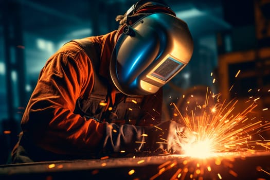 Industrial welder welding fabricated construction in factory. Welding process by Shielded Metal Arc Welding or Stick Welding. AI generated