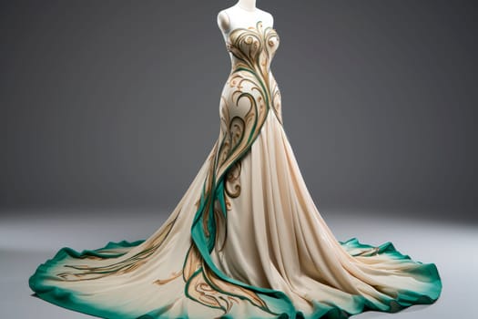 Elegant evening dress on a mannequin. High quality dress with detailed drapery, light beige and green color. AI generated.