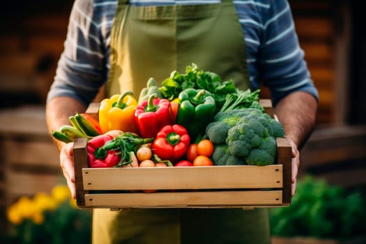 Senior man farmer holding wooden box full of fresh ripe vegetables. Harvest concept. AI generated