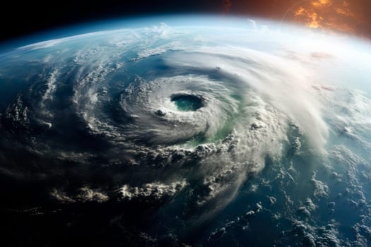 Space view of hurricane on earth, effects of climate change.Satellite image of the hurricane also called tornado or typhoon seen from satellite view. Natural disasters in Earth caused by climate change. AI generated