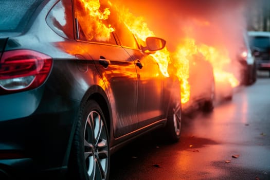 Burning car on fire on a highway road. Cars burning after road accident or being torched by the protesters during riots. AI generated.