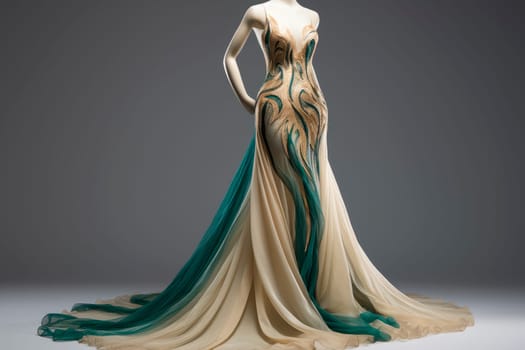 Elegant evening dress on a mannequin. High quality dress with detailed drapery, light gold and green color. AI generated.