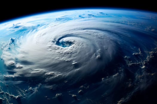 Space view of hurricane on earth, effects of climate change.Satellite image of the hurricane also called tornado or typhoon seen from satellite view. Natural disasters in Earth caused by climate change. AI generated