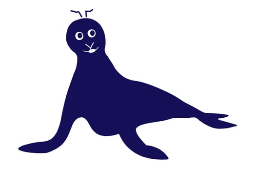 Cute seal or sea lions illustration isolated on a white background. Clipping path. Blue silhouette of fur seal. Seals are marine mammals. Cartoon for kids.