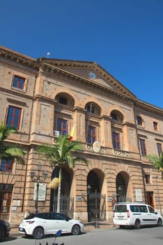 Milazzo, Sicily, Italy - 03 October 2023 - City Hall. The project of the palace was designed by the architect of Messina Salvatore Richichi and dates back to 1867.