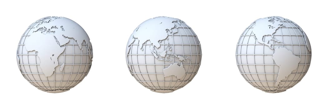 Three grey globe icons 3D rendering illustration isolated on white background