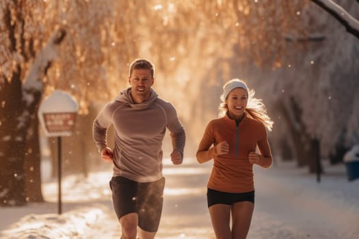 Couple running outdoor during workout on winter day. Man and woman jogging in park. Active people. People while cardio training. Physical fitness. Cardio workout. Healthy lifestyle. Daily routine. Body exercises