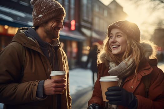 Friends having hot drinks on the go outdoors on winter day. Having fun, having conversation, talking together. Young couple is having a walk with hot drinks. Enjoying coffee on the go. People dressed warm standing in a street downtown