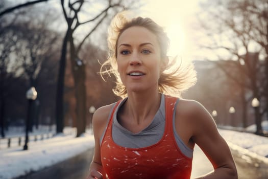 Young woman running outdoor during workout on winter day. Woman jogging in park. Active woman. Cardio training. Physical fitness. Cardio workout. Healthy lifestyle. Daily routine. Body exercises