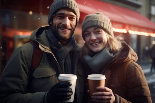 Positive couple having hot drinks on the go outdoors on winter day. Having fun, having conversation, talking together. Young people are having a walk with hot drinks. Enjoying coffee on the go. People dressed warm standing in a street downtown