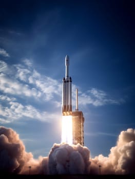 New Ship flies to another planet. Spaceship takes off into the starry sky. Rocket starts into space. Concept