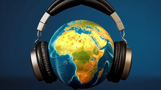 World song. Global music chart. The music of earth. Stereo headphones and a globe on a blue-pink pastel background. Top view