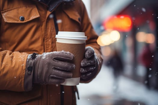 Person having hot coffee on the go outdoors on winter day. Man is having a walk with hot drink. Enjoying takeaway coffee. Person dressed warm standing in a street downtown